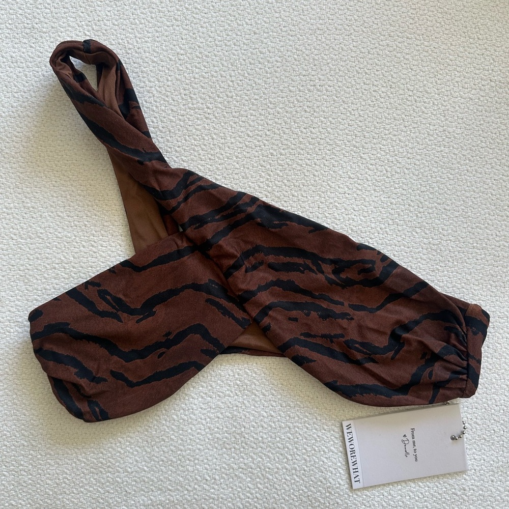 NWT WeWoreWhat Brown Tiger Bikini Top | Asymmetrical Crossover Swim Top